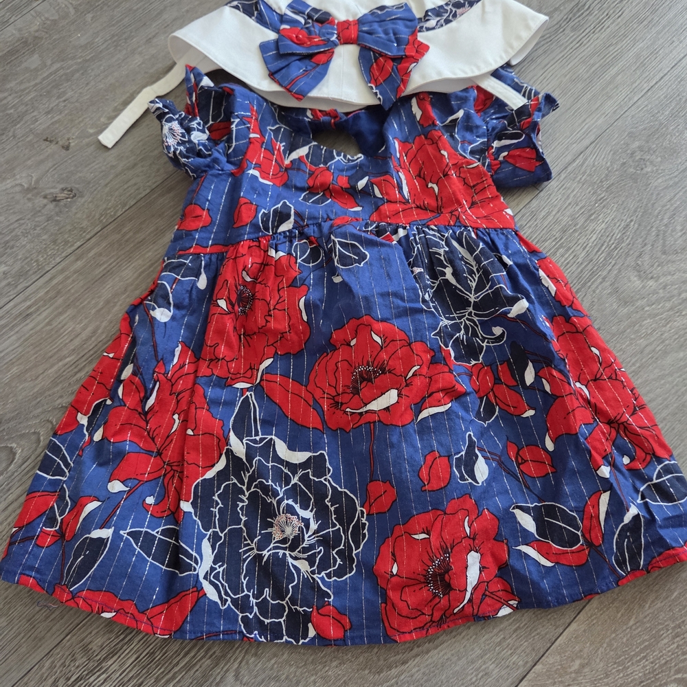 Janie and Jack Navy Dress with Red Floral Print and White Sailor Collar